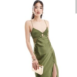 ASOS DESIGN satin lace insert keyhole dress - Green Satin Dress - Size 4